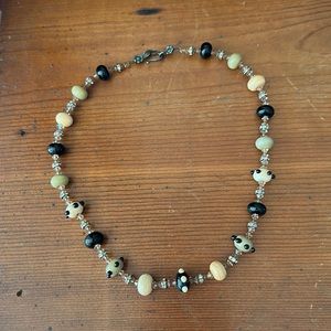Vintage Lampwork Glass Crystal Short Necklace Black White Olive Cream 925 OOAK